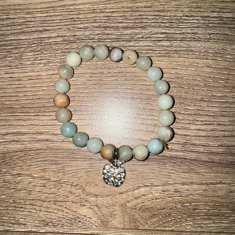 Beaded Amazonite Stretch Bracelet with Rhinestone Apple Charm